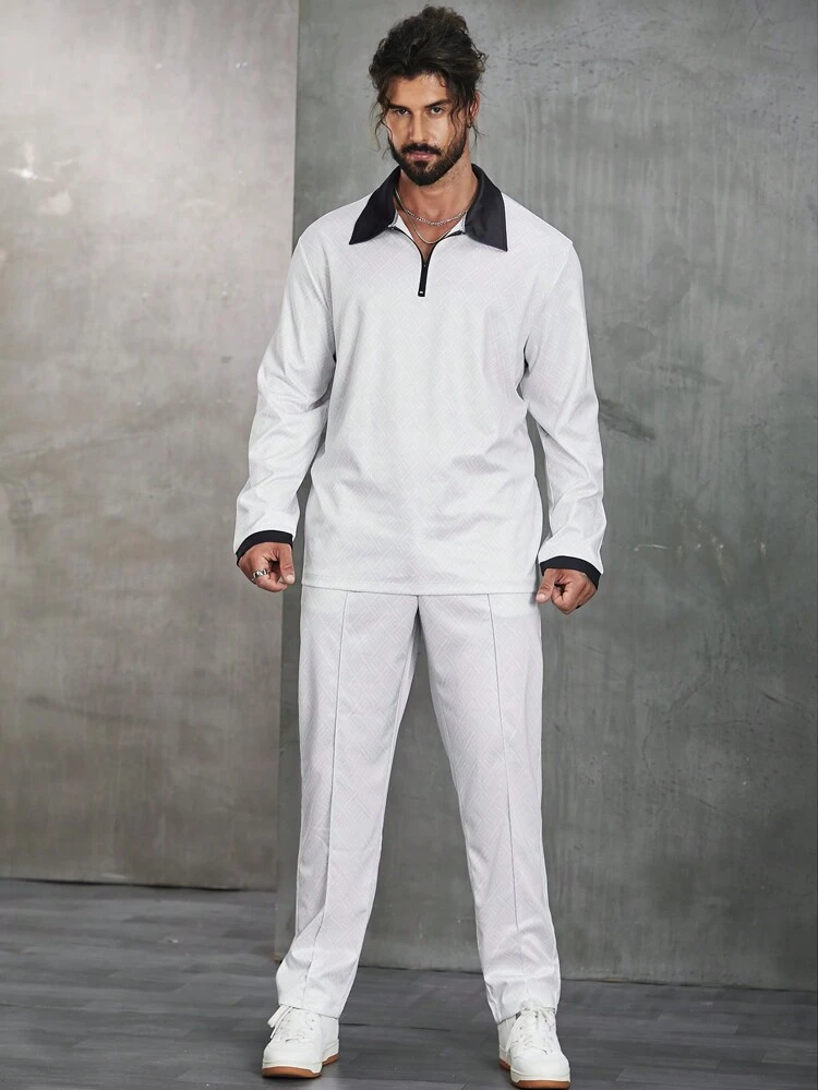 Men's Plus Size Color-block Long Sleeve Polo Shirt Set