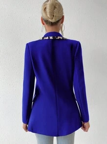 SHEIN Privé Contrast Trimmed Single Button Blazer - Royal Blue - View 2