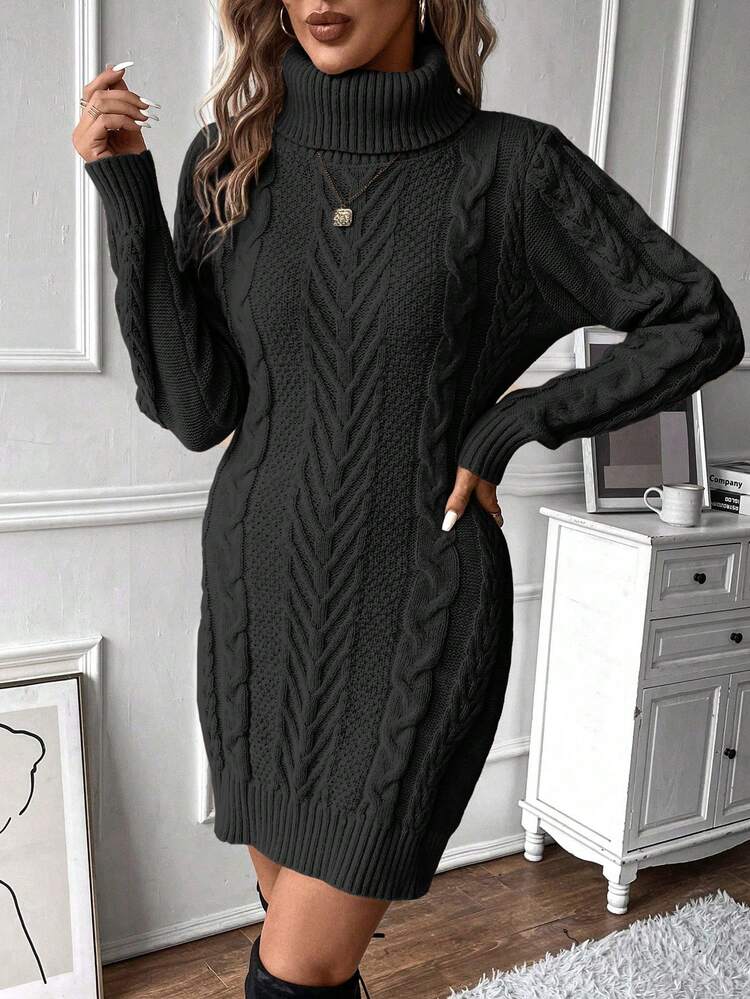 Women's Cable Knit Turtleneck Sweater Dress Fall Winter Cloth For Women