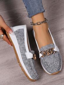 New Spring Autumn Fashionable Plus Size Color Block Flat Loafers With Metal Chain Detail For Women's Casual & Sports Wear