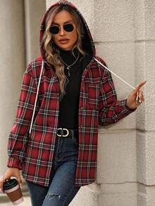 SHEIN LUNE Abrigo con capucha con estampado de cuadros de hombros caídos con cordón - Rojo - Ver 3