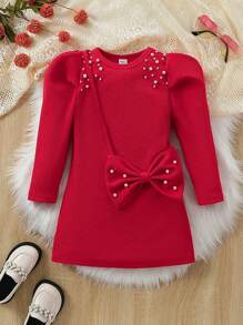 SHEIN 少女仿珍珠串珠大蝴蝶结连衣裙 - 紅色 - 查看 1