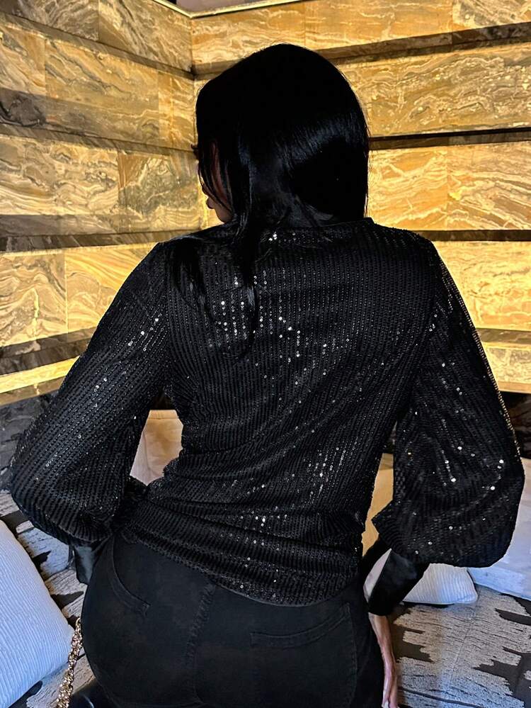 Draped Neck Lantern Sleeve Sequin Blouse