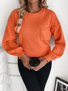 SHEIN LUNE 女性圓領落肩袖套頭毛衣 - 橘色 - 查看 5