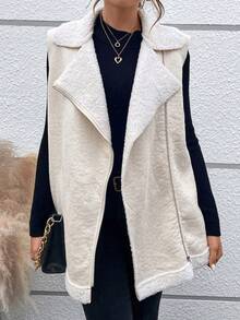 SHEIN LUNE Patchwork Plush Fabric Zipper-up Sleeveless Vest Jacket - Apricot - View 5