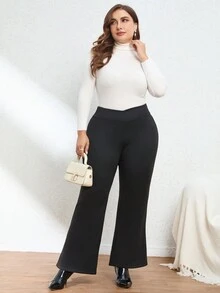 SHEIN Privé 大尺碼優雅喇叭長褲 - 黑色 - 查看 6