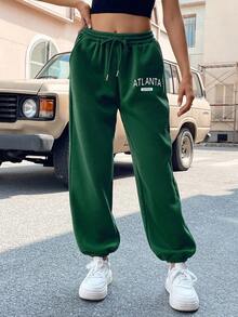 SHEIN EZwear Của phụ nữ In thư Eo dây rút & Đàn hồi Cổ tay áo Quần Chạy bộ - Màu xanh lá cây đậm - Xem 4