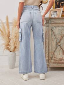 SHEIN LUNE 女性貨物口袋牛仔褲 - 中等水洗藍 - 查看 2