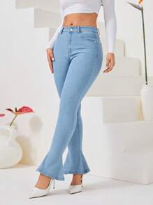 SHEIN Privé 斜口袋牛仔喇叭褲 - 淺色水洗藍 - 查看 6