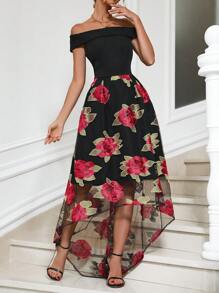 Zolique Floral Print Off Shoulder Mesh Overlay Hem Dress - Black - View 4