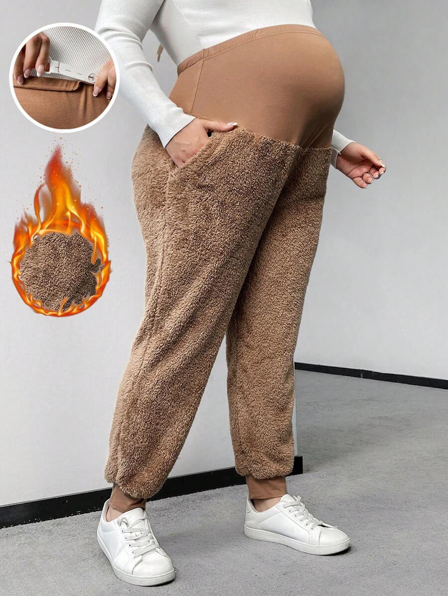 SHEIN 孕妇加大码可调节腰部保暖内衬保暖裤 - 卡其色 - 查看 1