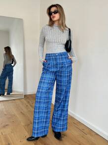 SHEIN Essnce 格紋印花闊腿西裝褲 - 黑與白 - 查看 3