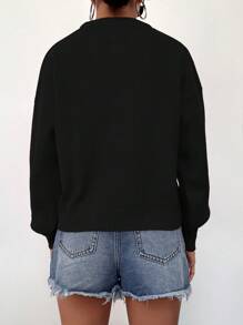 EURMUSE Women's Drop Shoulder Round Neck Sweater - Black - View 2