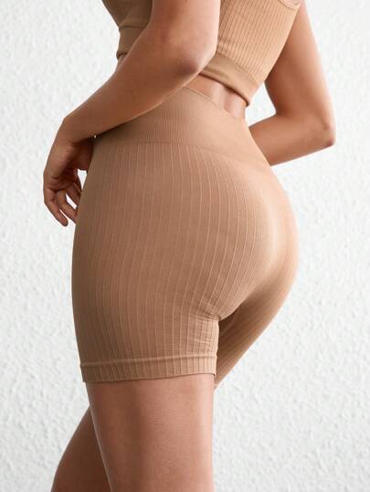 Ocili Pantalones cortos de costilla ancha sólidos, cómodos, de alta cintura, con un estiramiento extremo y sin costuras, amigables con la piel - Caqui