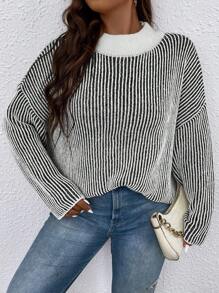 SHEIN LUNE Plus Striped Pattern Drop Shoulder Sweater, For Winter Knit Pullover Fall Autumn - Black and White - View 1