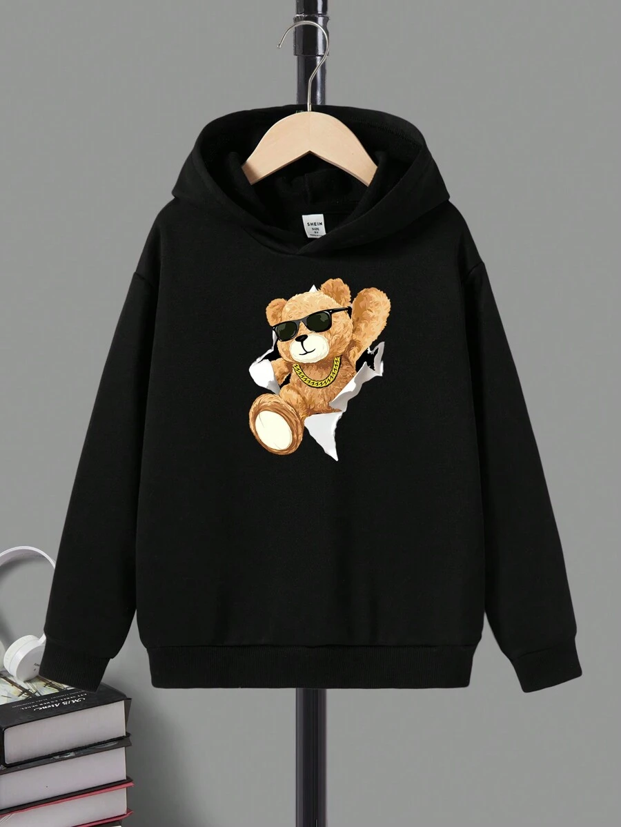 SHEIN Tween Boy Bear Print Hoodie - Black - View 1