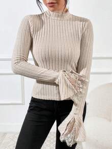 SHEIN Privé Của phụ nữ Dệt kim Áo Với Lá sen Và Đứng cổ áo - Màu be - Xem 4