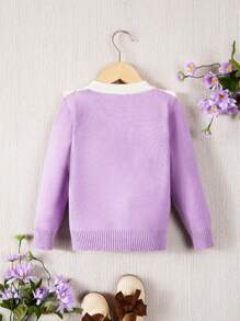 Baby Girl Floral Patched Ruffle Trim Button Front Cardigan - Purple - View 2