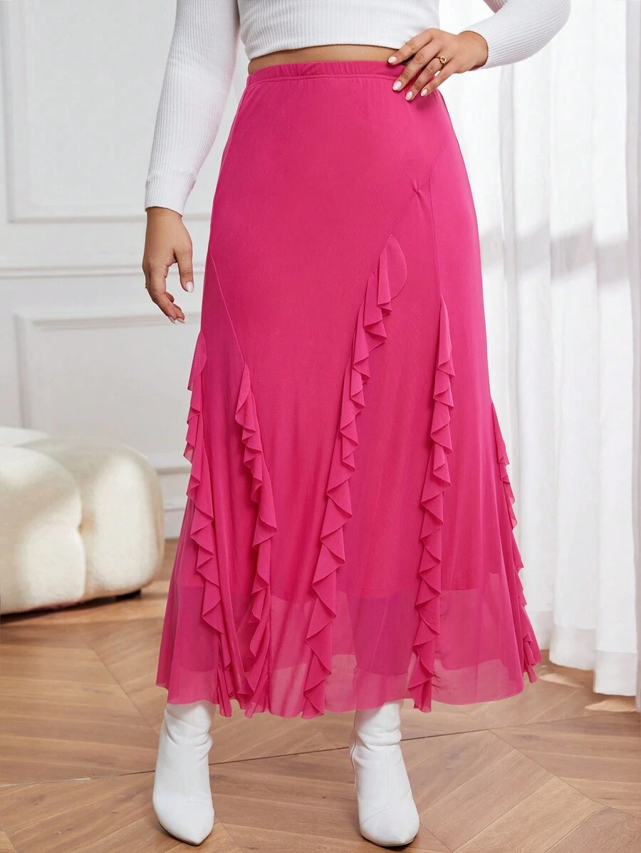 SHEIN Privé 大尺寸純色蕾絲下擺半身裙 - 粉色 - 查看 1