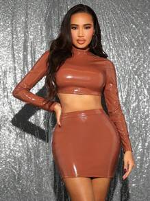 SHEIN SXY 小高領短款PU皮革上衣&包臀半身裙 - 棕色 - 查看 3