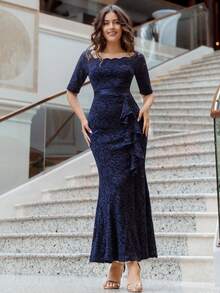 Đầm dự tiệc tối xẻ đùi cổ thuyền ren đầy đủ - Màu xanh hải quân - Xem 9