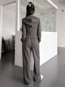 DAZY Dây kéo Dây rút Hoodie & Viền chia cắt Quần - Màu xám đen - Xem 2