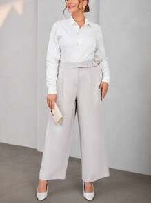 SHEIN Privé Plus Size Solid Color Wide Leg Pants - Light Grey - View 4