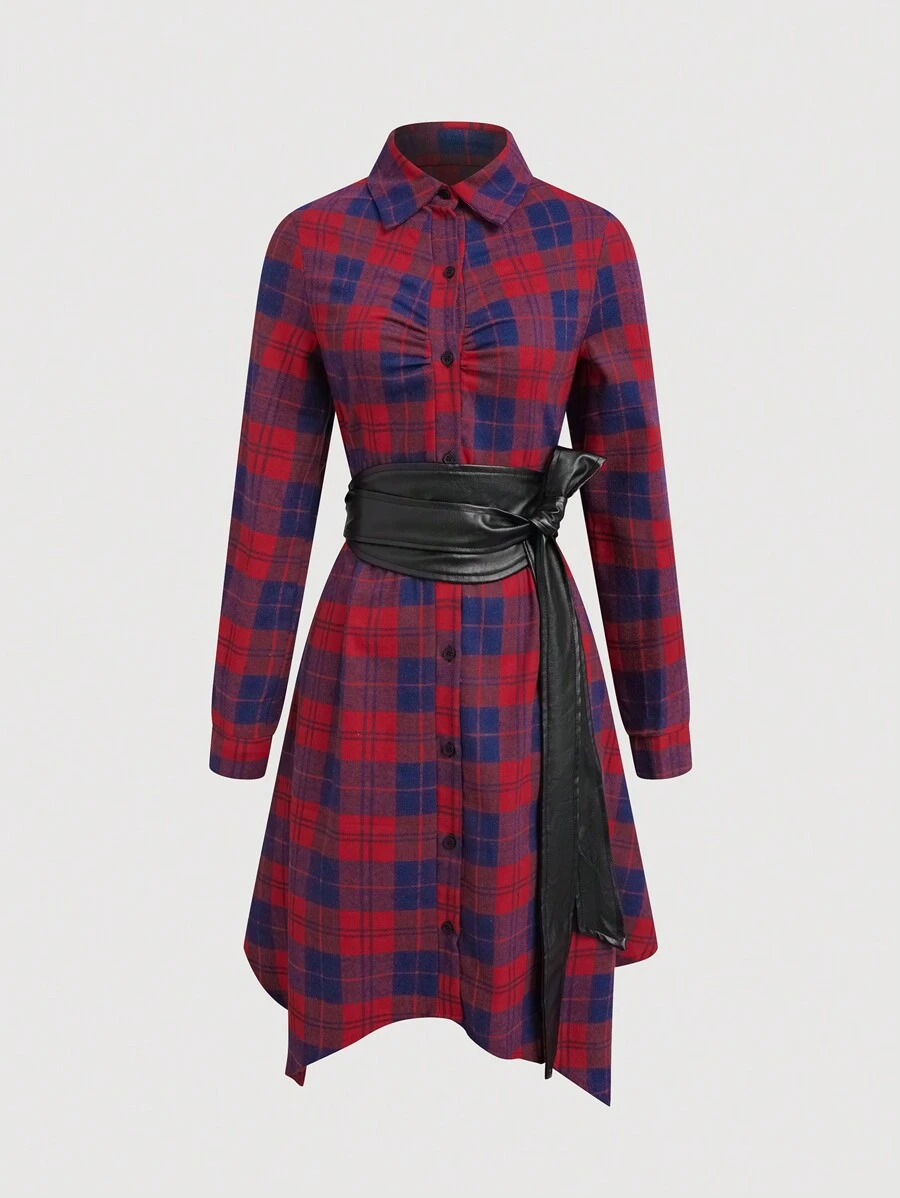 SHEIN Unity Plaid Print Ruched Asymmetrical Hem Belted Shirt Dress - Red - View 1