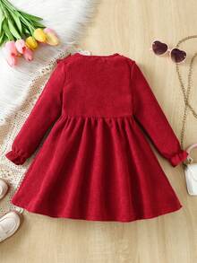 SHEIN Cô Gái Trẻ Thêu hoa Viền Ruffle tay áo lá sen Vải to sợi Đầm - Màu Đỏ Sâu - Xem 2