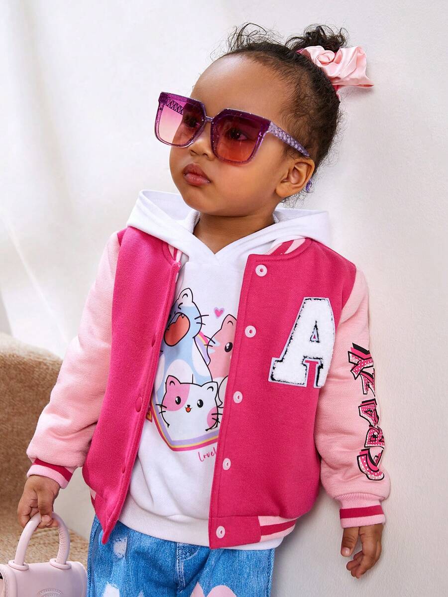 SHEIN Baby Girls' Casual Color Block Baseball Jacket With Thermal Lined - Pink - View 1