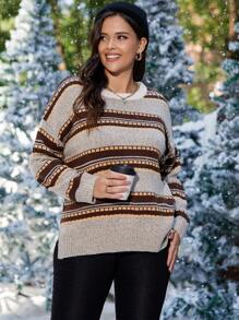 SHEIN LUNE 加大码几何图案落肩针织套头衫秋冬毛衣 - 彩色 - 查看 5