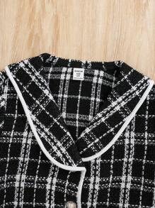 Tween Girl Contrast Binding Plaid Tweed Jacket & Skirt Without Sweater - Black and White - View 4