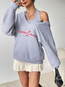 SHEIN EZwear 女士字母刺繡帽衫和露背上衣2件套裝 - 淺灰色 - 查看 5