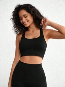 Ocili Leisure Extremely Stretchy Seamless & Skin-Friendly Non-Removable Padding Comfortable Solid Wide Rib Bra Black - Black - View 4