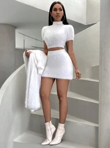 SHEIN Slayr Falda Corta Blanca De Cintura Alta De Imitación De Piel De Visón - Blanco - Ver 3