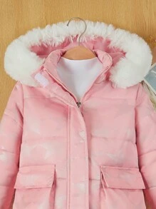 SHEIN Young Girl Hooded Padded Coat With Star Pattern - Pink - View 4