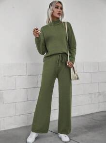 SHEIN Essnce Turtleneck Drop Shoulder Sweater & Knit Pants - Green - View 4