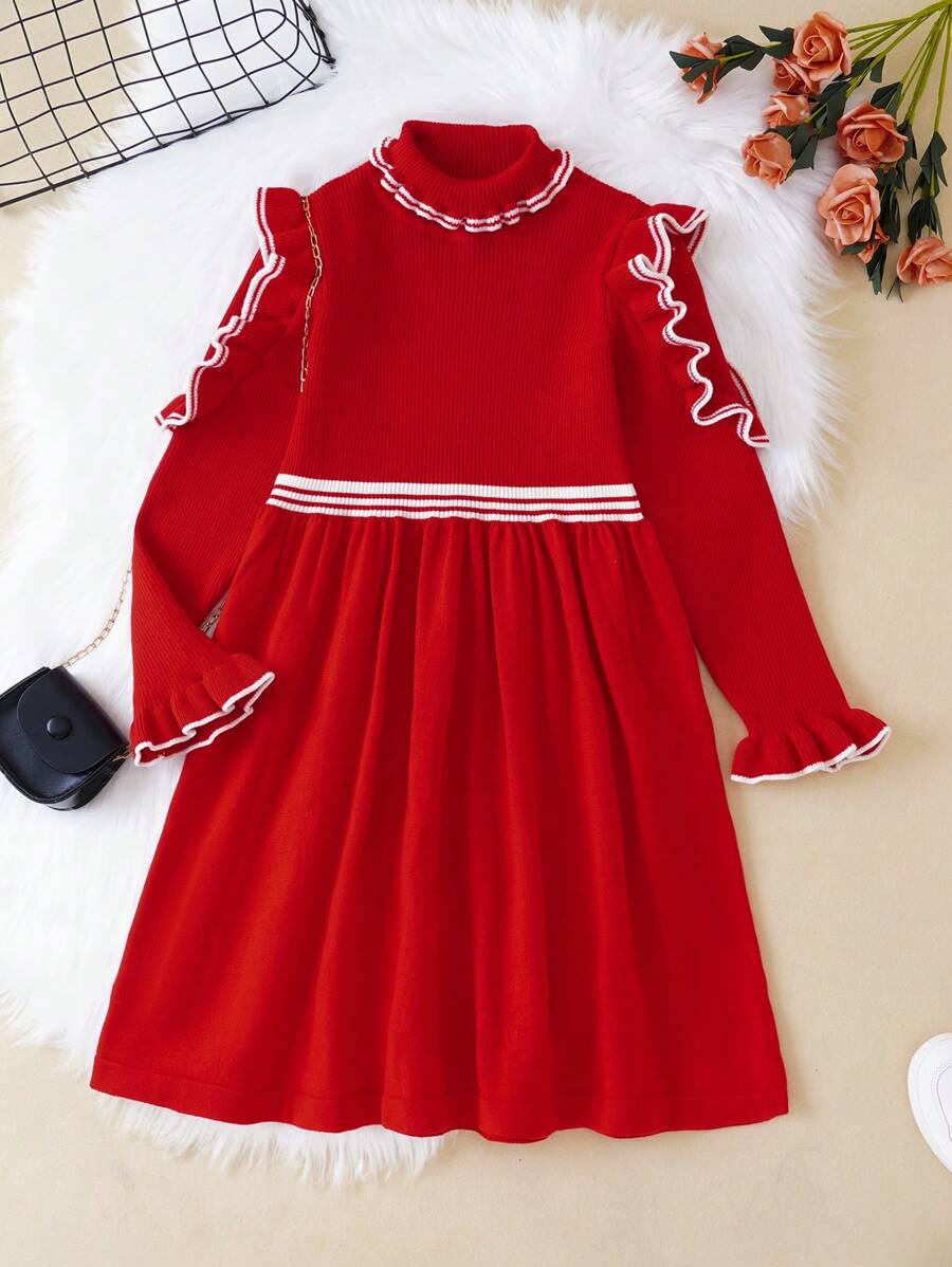 SHEIN Tween Girl Ruffle Striped Trim Flounce Sleeve Mock Neck Sweater Dress - Red - View 1