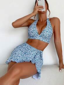 SHEIN Swim 夏季沙灘小花Halter比基尼套裝，搭配沙灘裙 - 藍白色 - 查看 7
