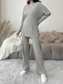 EURMUSE Cotton Drop Shoulder Split Hem Tee & Pants - Light Grey - View 6