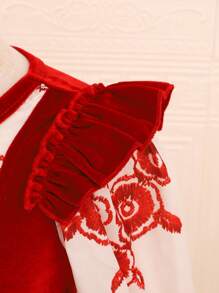 SHEIN Cô Gái Trẻ In hoa Viền Ruffle tay áo lá sen Váy 2 trong 1 - Màu Đỏ Sâu - Xem 3