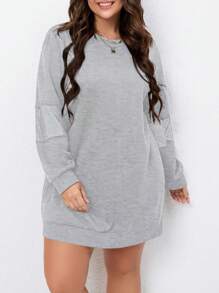 SHEIN LUNE Plus Size Solid Color Drop Shoulder Mesh Contrast Sweatshirt - Grey - View 3