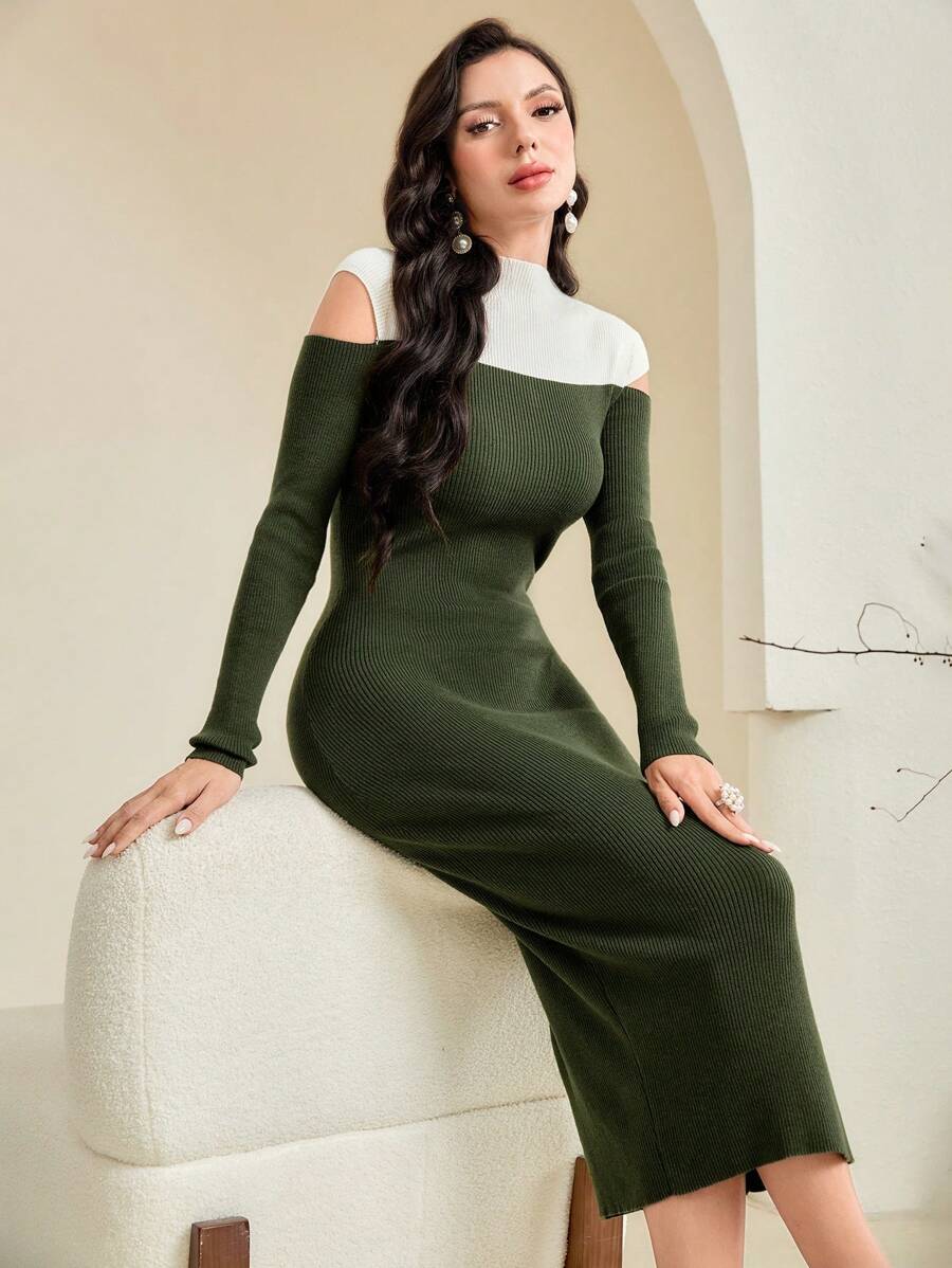 Modelyn Two Tone Cold Shoulder Sweater Dress - Army Green - View 1