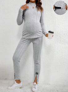 孕婦舒適的2入組肋紋調節腰圍上衣和長褲 - 灰色 - 查看 1