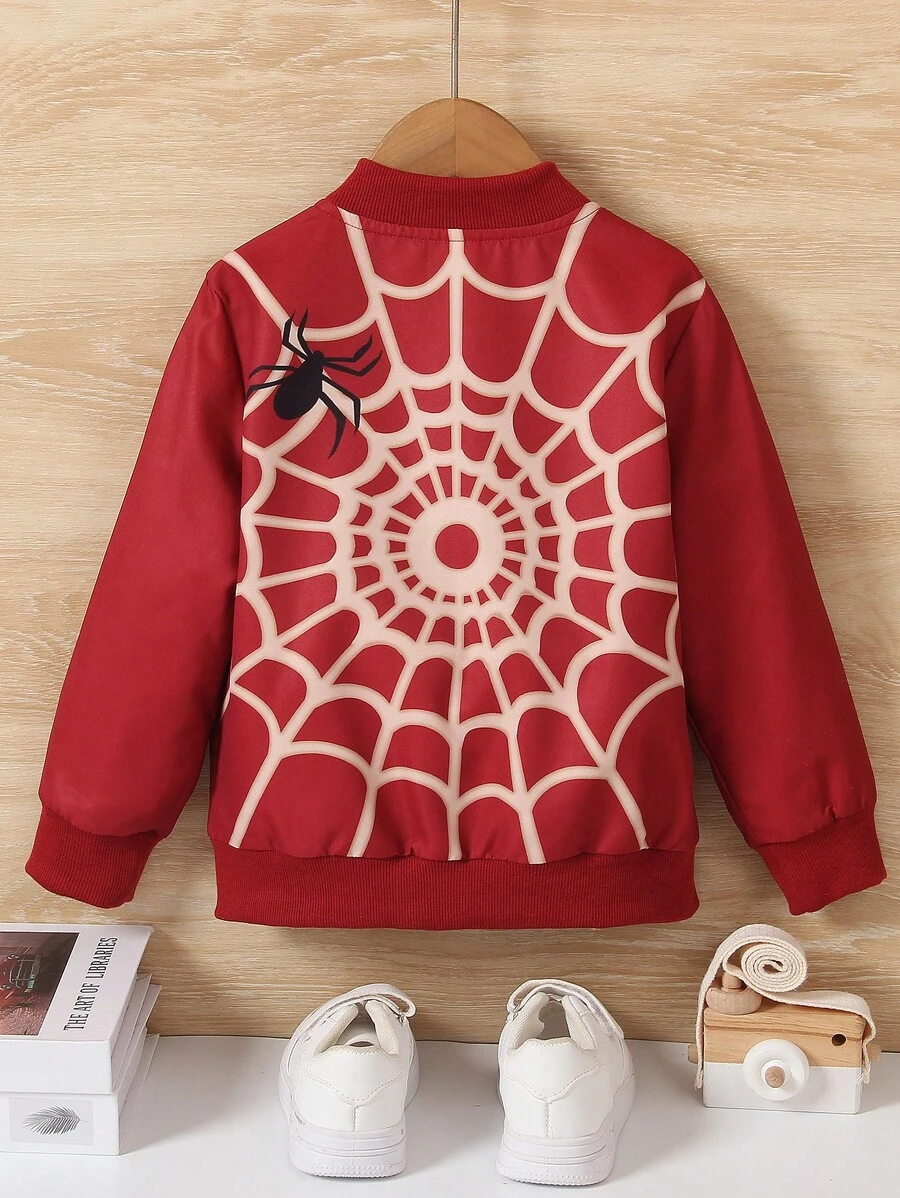 SHEIN Young Boy Spider Web Print Mock Neck Jacket - Red - View 1