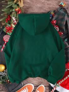 SHEIN EZwear Slogan Graphic Kangaroo Pocket Drawstring Thermal Hoodie - Dark Green - View 2