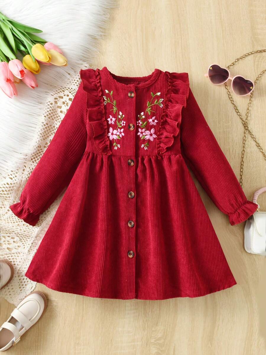 SHEIN Cô Gái Trẻ Thêu hoa Viền Ruffle tay áo lá sen Vải to sợi Đầm - Màu Đỏ Sâu - Xem 1