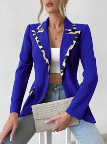 SHEIN Privé Contrast Trimmed Single Button Blazer - Royal Blue - View 5