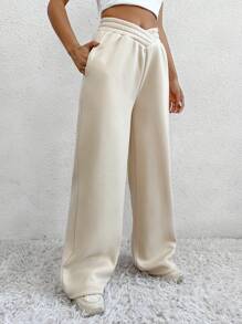 SHEIN Unity Solid Slant Pocket Wide Leg Sweatpants - Apricot - View 4