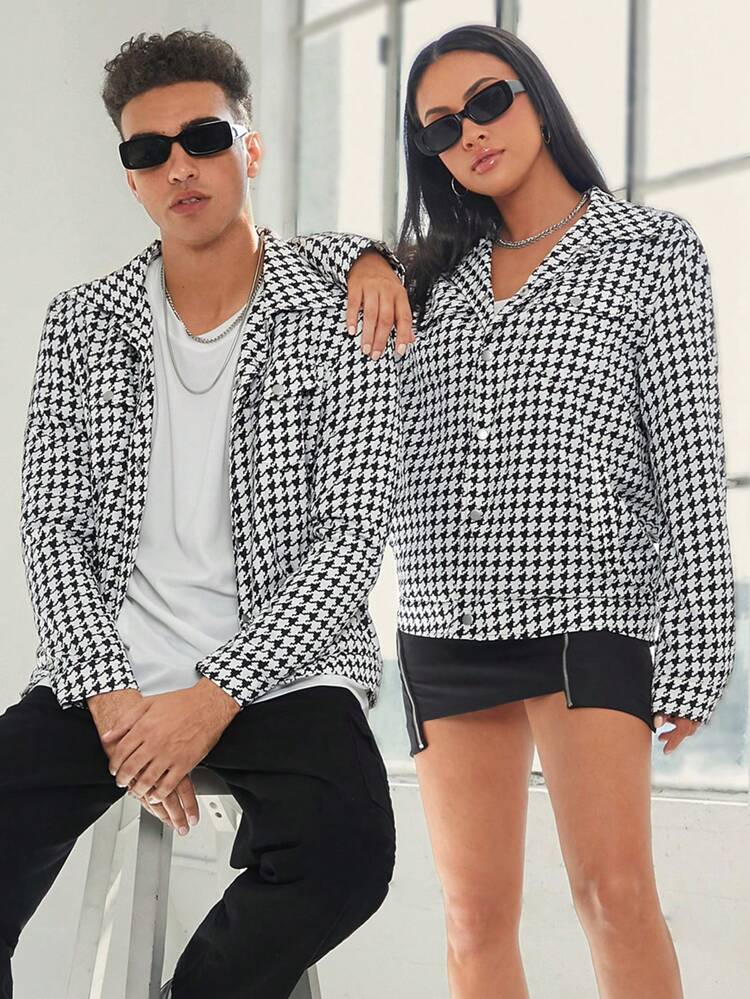 Men 1pc Houndstooth Print Flap Pocket Loose Jacket, For Fall Winter